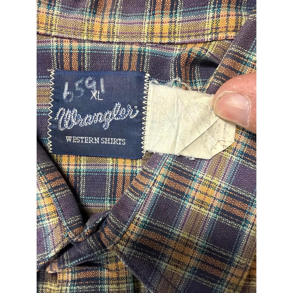 Wrangler Western Shirt Mens XL Purple Yellow Plaid Long Sleeve Button Up Flap - Picture 6 of 6